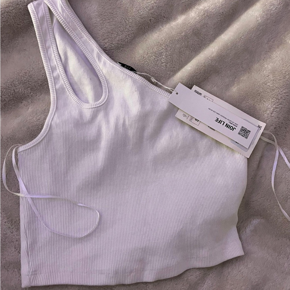 white zara one shoulder top